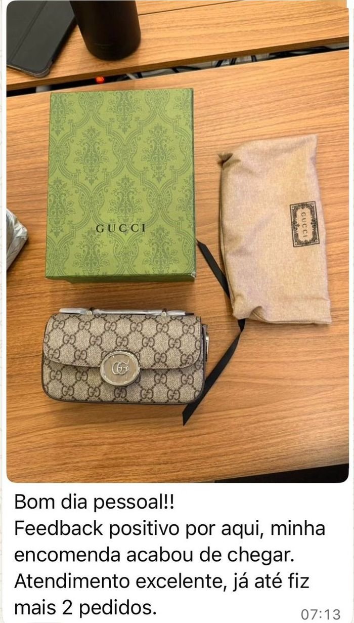 Print de WhatsApp: bolsa Gucci com caixa e dust bag recebida, cliente elogia o atendimento